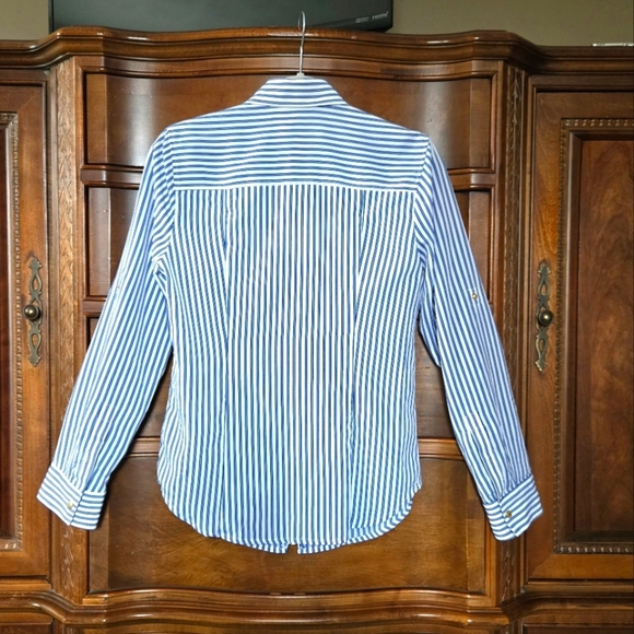 Michael Kors stripe, zip front top/shirt.  Blue and white. Size small. - Picture 3 of 16